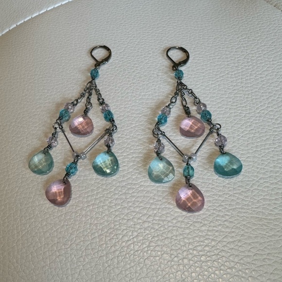 Pink and blue silver chandelier dangle drop earrings - Picture 1 of 6